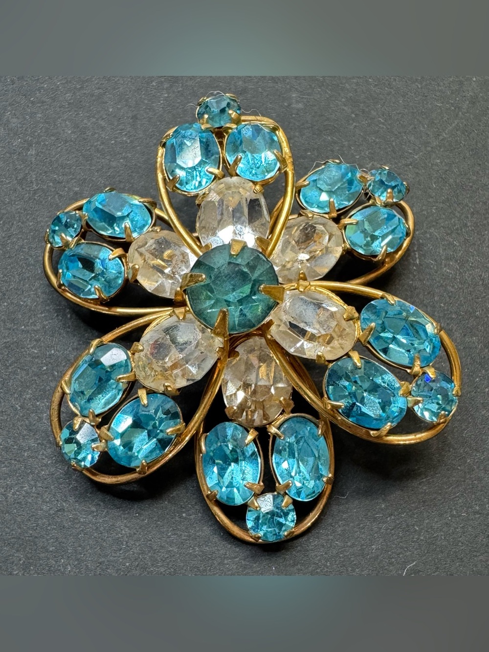 Antoinette 1/20 12k Gold Filled Blue and Clear Crystal Flower Brooch